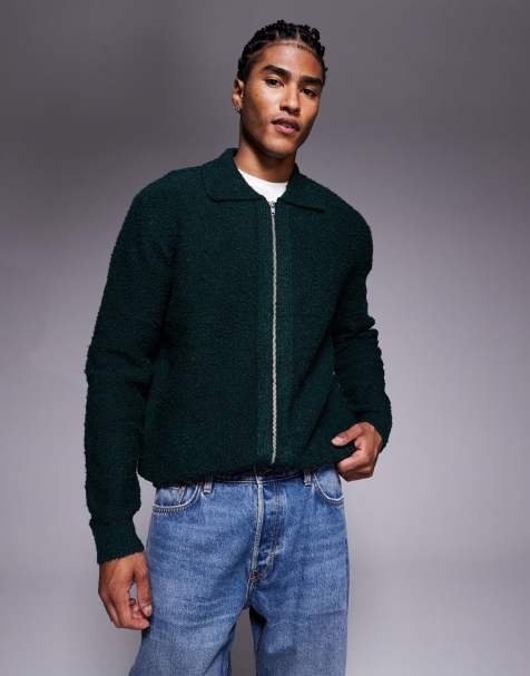 ASOS DESIGN relaxed knitted boucle zip through cardigan in dark green - view 1
