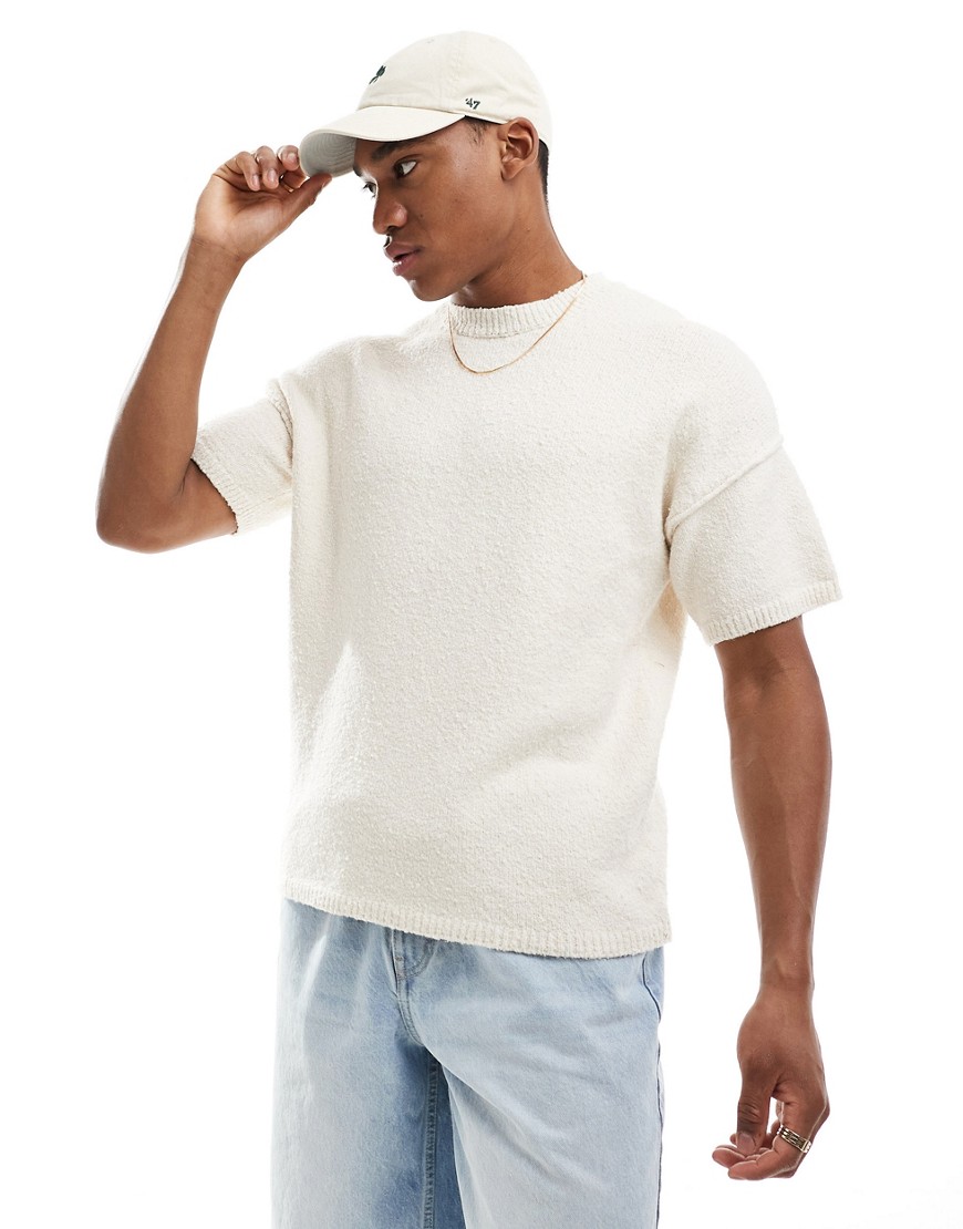 ASOS DESIGN relaxed knitted boxy tshirt in slubby texture in ecru-Neutral