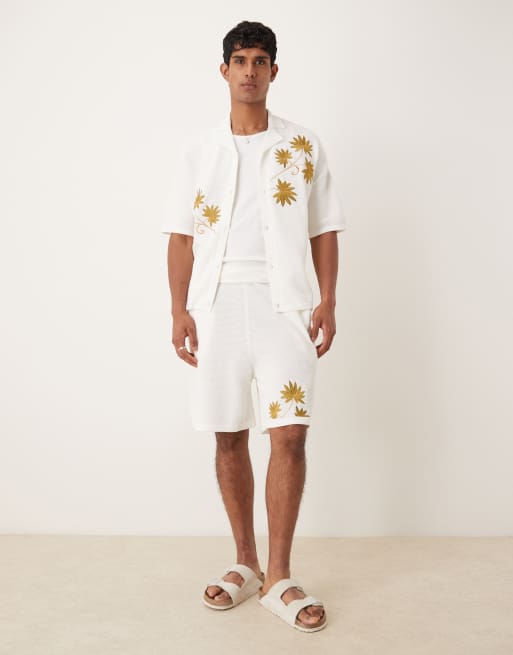 ASOS DESIGN relaxed knitted button through embroidered shirt in off white (part of a set), 2 of 5