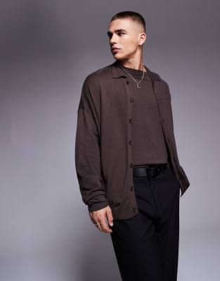 Asos Design Relaxed Knitted Button Through Long Sleeve Polo In Brown - Part Of A Set