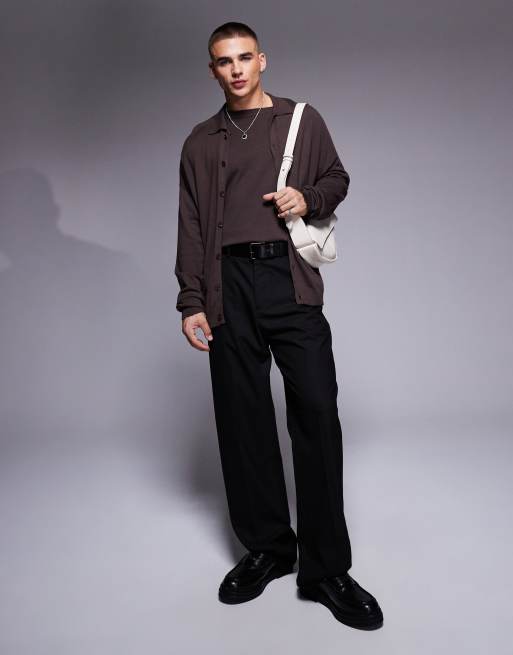 ASOS DESIGN relaxed knitted button through long sleeve polo in brown (part of a set), 2 of 4