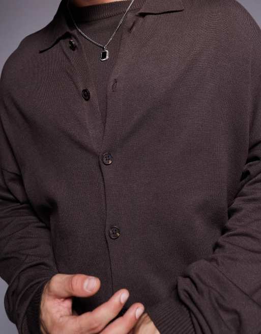 ASOS DESIGN relaxed knitted button through long sleeve polo in brown (part of a set), 3 of 4