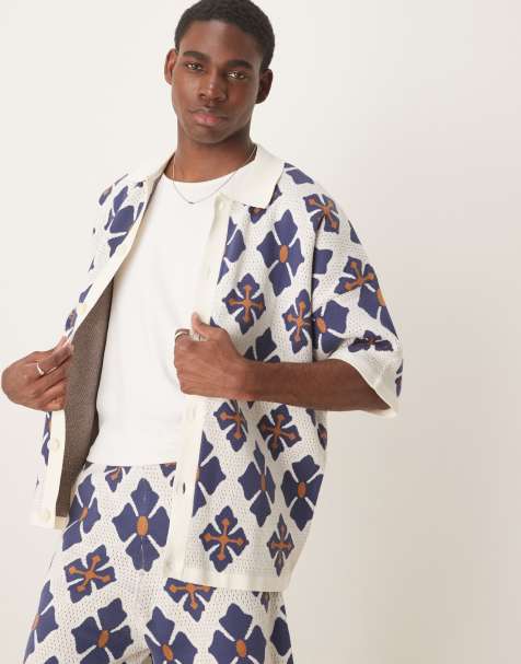 ASOS DESIGN relaxed knitted button through polo co-ord with aztec pattern in blue