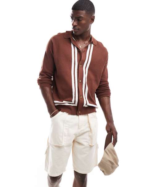 ASOS DESIGN relaxed knitted button through polo in brown texture with border - view 1