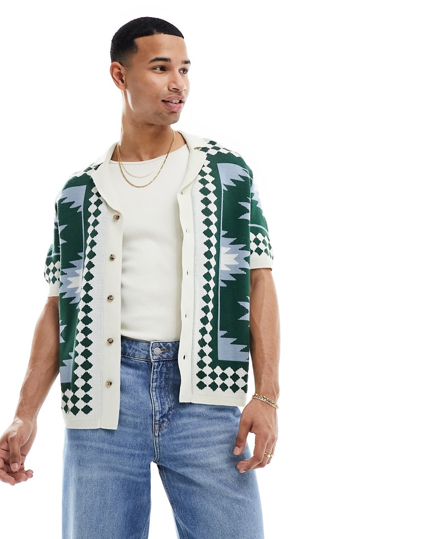 ASOS DESIGN relaxed knitted button through polo in stone and blue with aztec border pattern-Neutral