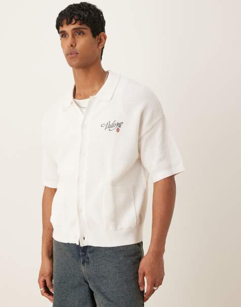 ASOS DESIGN relaxed knitted button through with chest embroidery in ecru - view 1