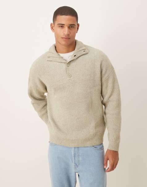 ASOS DESIGN relaxed knitted button up jumper in sage green - view 1