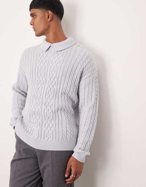 ASOS DESIGN relaxed knitted cable jumper with polo collar in blue - view 1