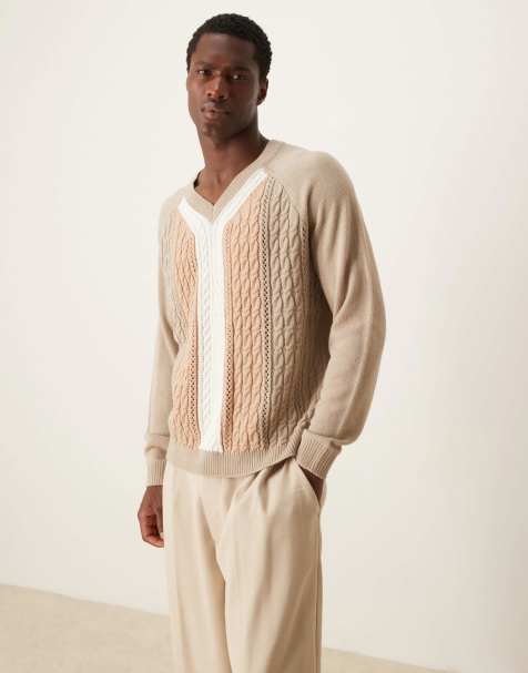 ASOS DESIGN relaxed knitted cable knit jumper in stone - view 1
