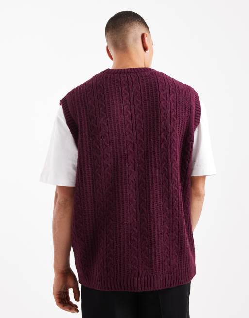  ASOS DESIGN relaxed knitted cable singlet in burgundy, 3 of 5