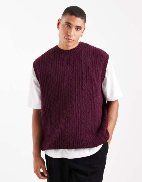 ASOS DESIGN relaxed knitted cable tank in burgundy - view 1