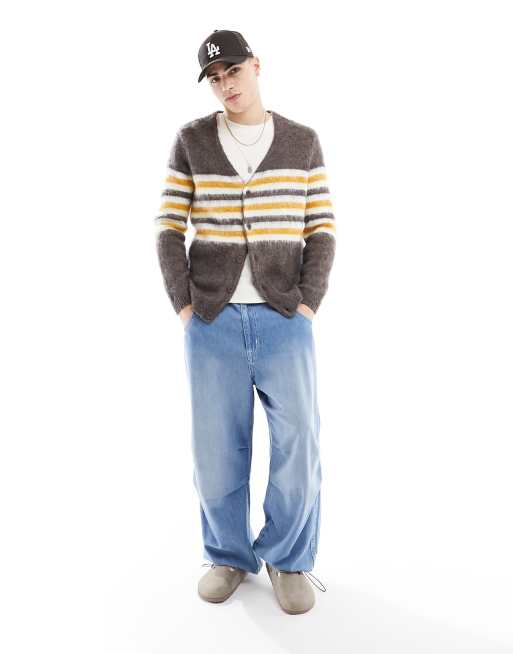 ASOS DESIGN relaxed knitted cardigan in brown with yellow and white stripe in fluffy texture, 2 of 4