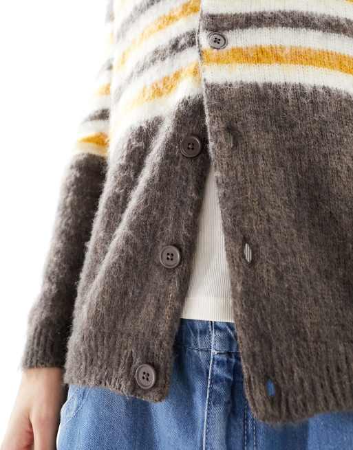 ASOS DESIGN relaxed knitted cardigan in brown with yellow and white stripe in fluffy texture, 3 of 4