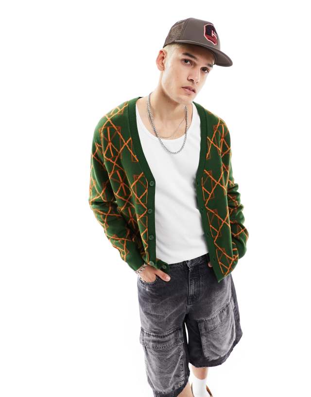 ASOS DESIGN - relaxed knitted cardigan in green geometric design