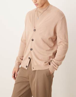 Asos Design Relaxed Knitted Cardigan In Stone - Part Of A Set-neutral