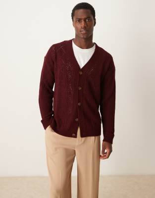 ASOS DESIGN relaxed knitted cardigan with aztec pattern in burgundy-Red