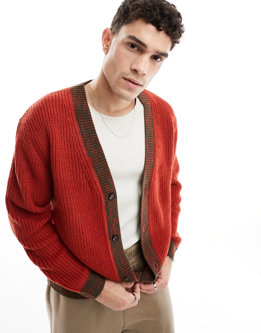 ASOS DESIGN relaxed knitted cardigan with contrast detailing in red