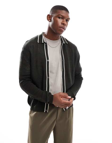 ASOS DESIGN relaxed knitted cardigan with contrast tipping in khaki - view 1