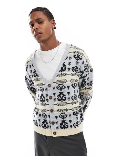 ASOS DESIGN relaxed knitted cardigan with fluffy fair isle pattern in blue - view 1