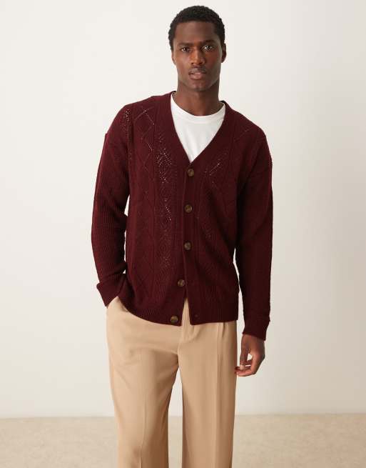 ASOS DESIGN relaxed knitted cardigan with pattern in burgundy