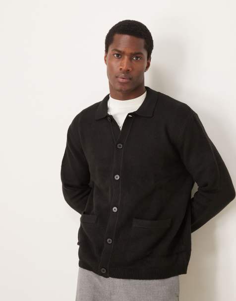 ASOS DESIGN relaxed knitted cardigan with polo collar and front pockets in black - view 1
