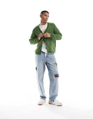 ASOS DESIGN relaxed knitted chenille cardigan in khaki - ASOS Price Checker