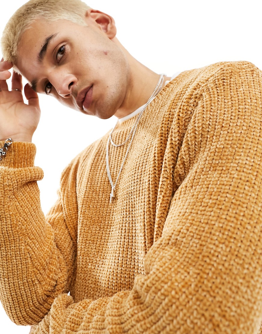 ASOS DESIGN relaxed knitted chenille crew neck jumper in tan-Neutral