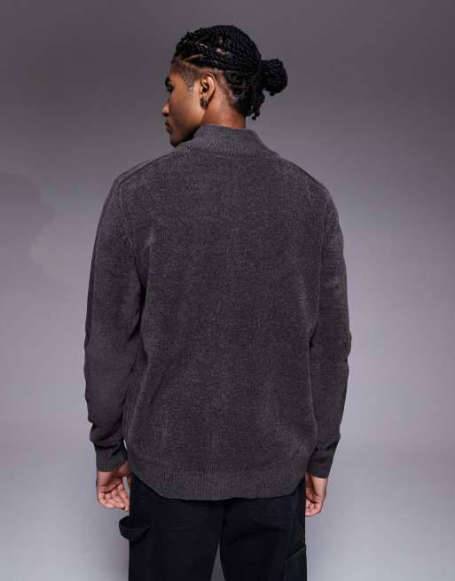 ASOS DESIGN relaxed knitted chenille track jacket in charcoal, 3 of 5