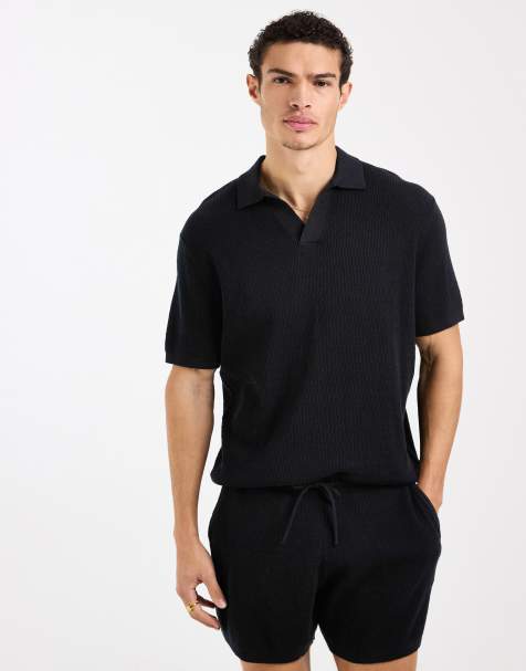 ASOS DESIGN relaxed knitted co-ord airtex notch neck polo in black  - view 1