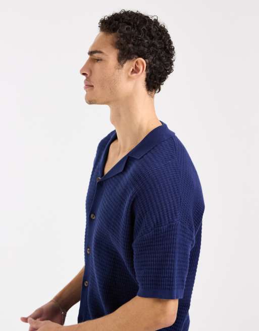 ASOS DESIGN relaxed knitted co-ord revere polo shirt in navy - NAVY, 3 of 5