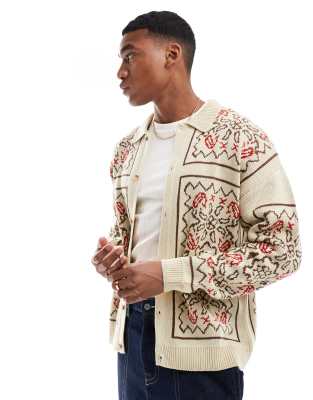 ASOS DESIGN relaxed knitted collared button through cardigan with Aztec ...