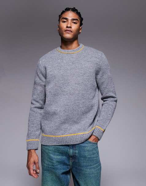 ASOS DESIGN relaxed knitted crew neck jumper in charcoal with contrast stitch - view 1