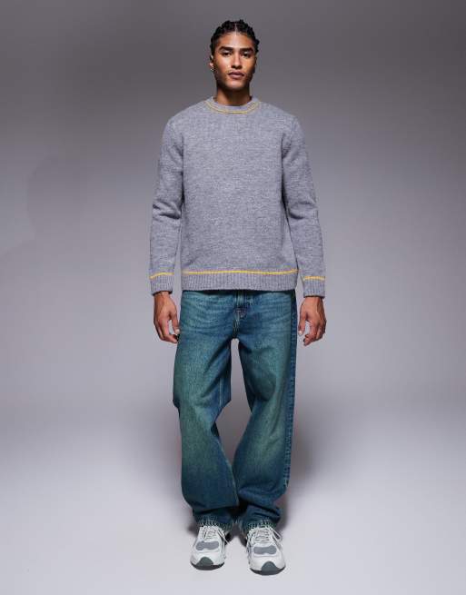 ASOS DESIGN relaxed knitted crew neck jumper in charcoal with contrast stitch, 2 of 5