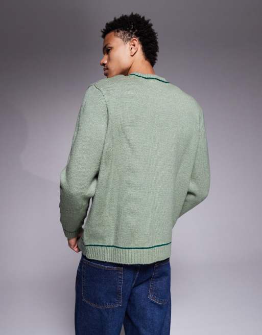 ASOS DESIGN relaxed knitted crew neck jumper in green with contrast stitch, 3 of 5
