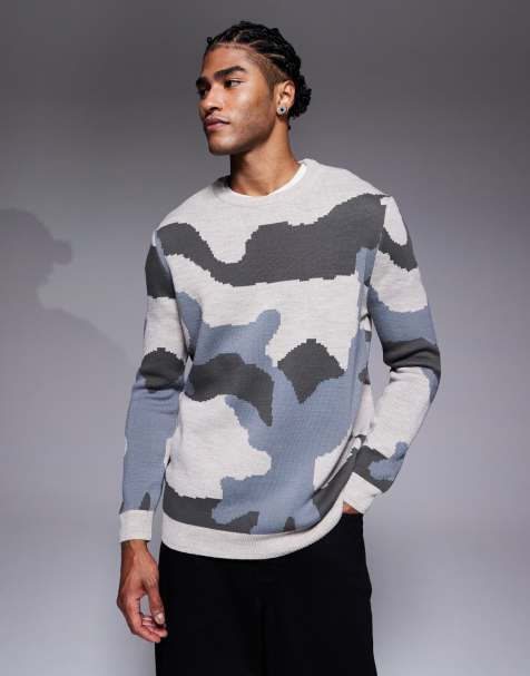 ASOS DESIGN relaxed knitted crew neck jumper in grey camo print - view 1