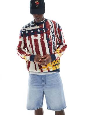 ASOS DESIGN ASOS DESIGN relaxed knitted crew neck jumper in navy flag pattern