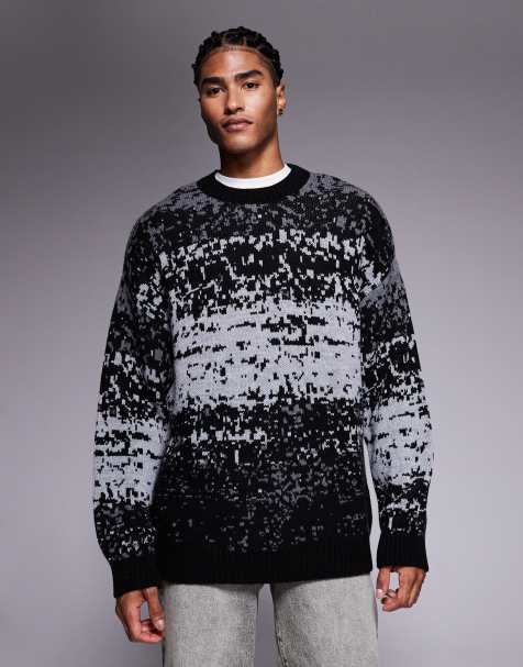 ASOS DESIGN relaxed knitted crew neck jumper with abstract pattern in grey - view 1