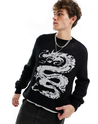 ASOS DESIGN relaxed knitted crew neck jumper with dragon pattern in black