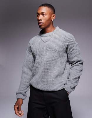 relaxed knitted crew neck rib sweater in gray