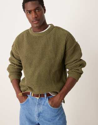 relaxed knitted crew neck rib sweater in khaki-Green