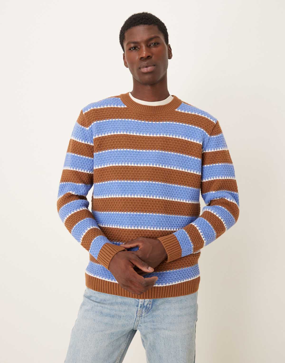 ASOS DESIGN relaxed knitted crew neck stripe jumper in navy