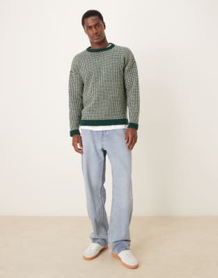 Asos Design Relaxed Knitted Crew Neck Stripe Sweater In Green