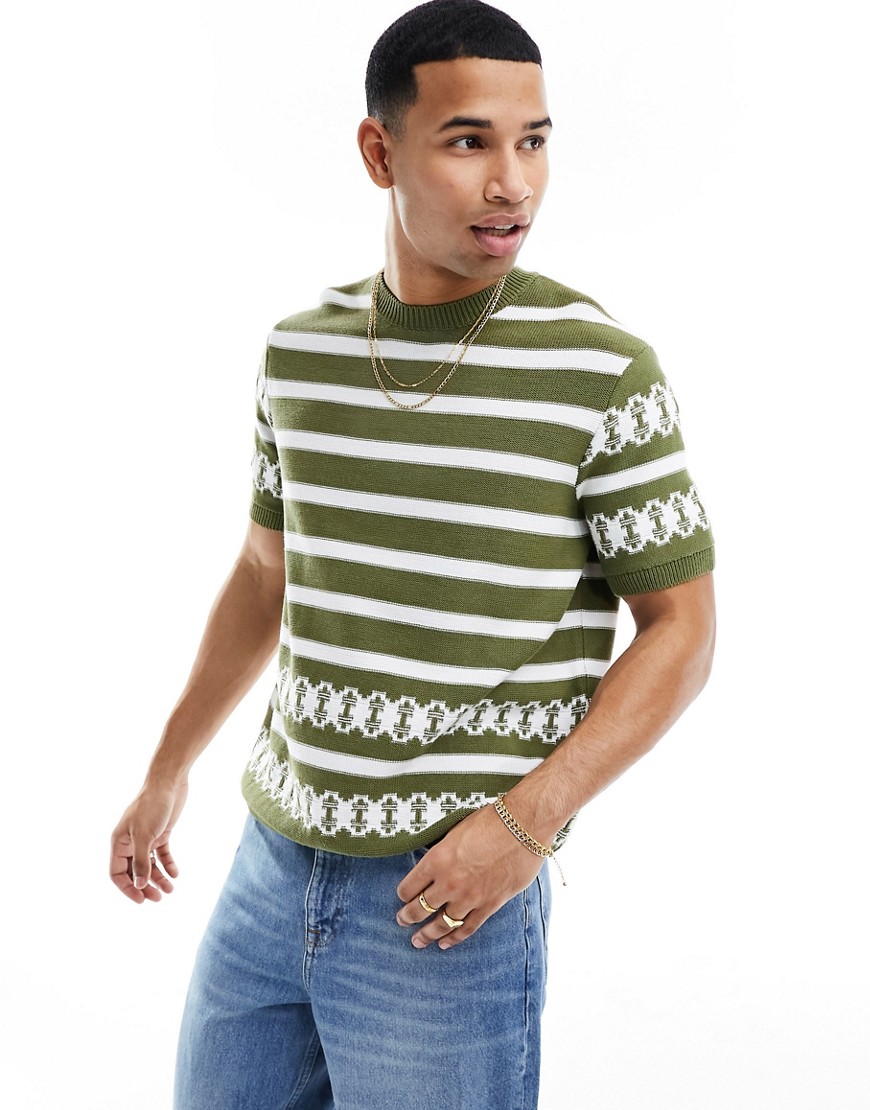 ASOS DESIGN relaxed knitted crew neck t-shirt in khaki border stripe pattern-Green