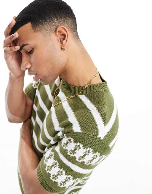 ASOS DESIGN relaxed knitted crew neck t-shirt in khaki border stripe pattern, 4 of 4