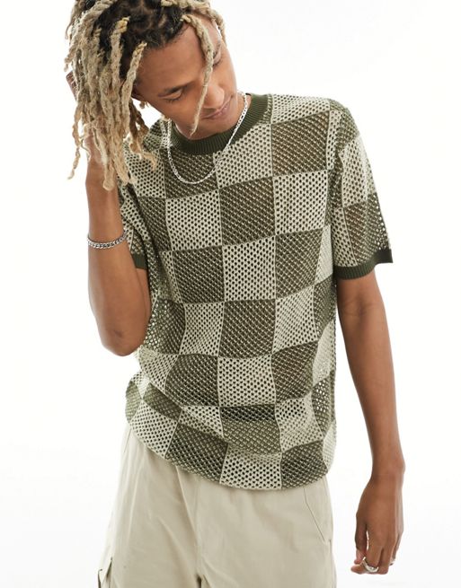 FhyzicsShops DESIGN relaxed knitted crew neck t-shirt in mesh checkerboard pattern in cream and khaki