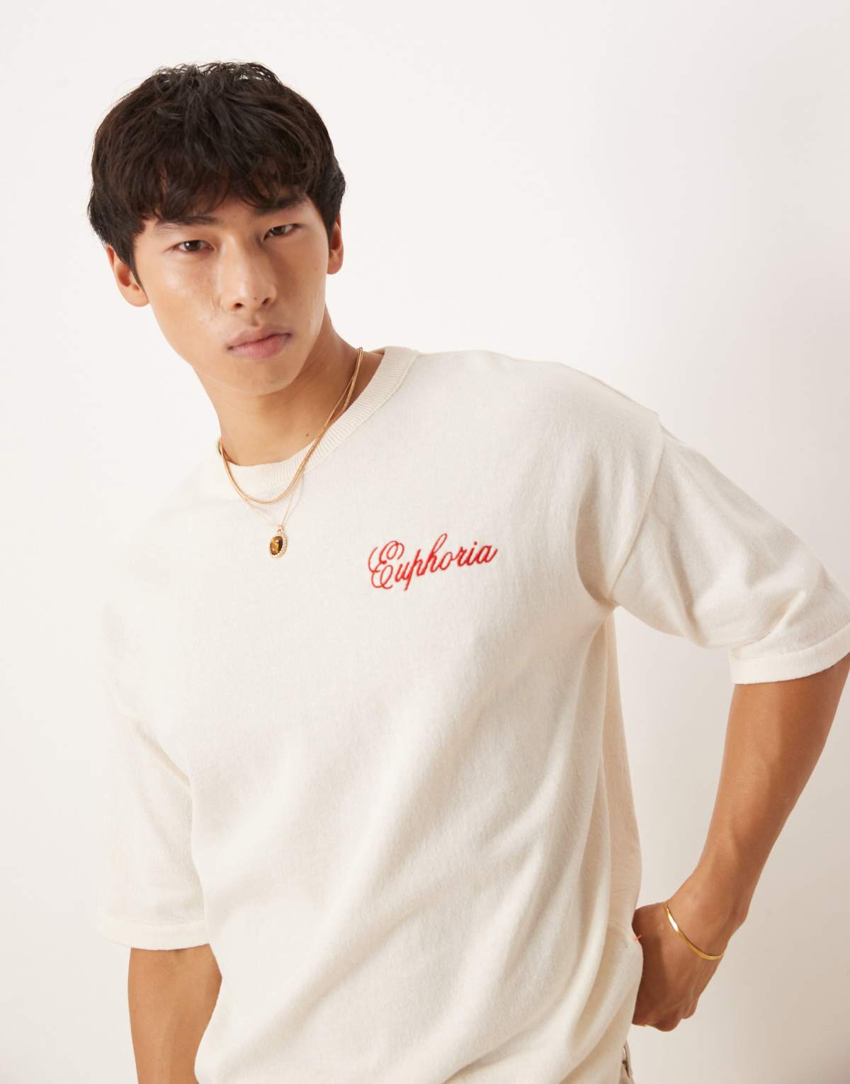 ASOS DESIGN relaxed knitted crew neck t-shirt with chest embroidery in white