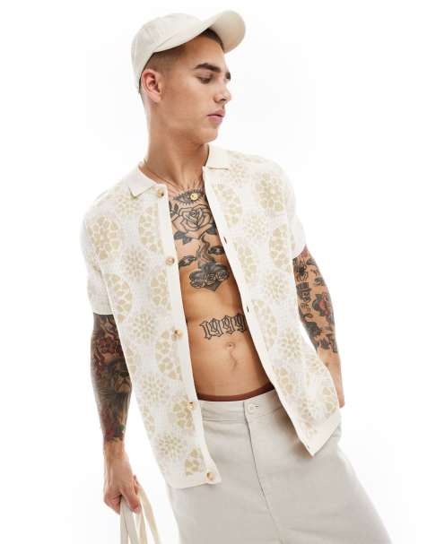 ASOS DESIGN relaxed knitted crochet button through polo in ecru and pink - view 1