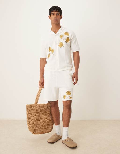 ASOS DESIGN relaxed knitted embroidered polo shirt and shorts set in off white