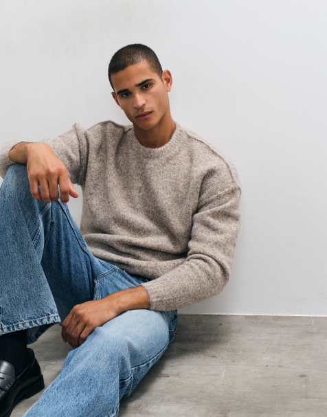 ASOS DESIGN relaxed knitted exposed crew neck jumper in taupe - view 1