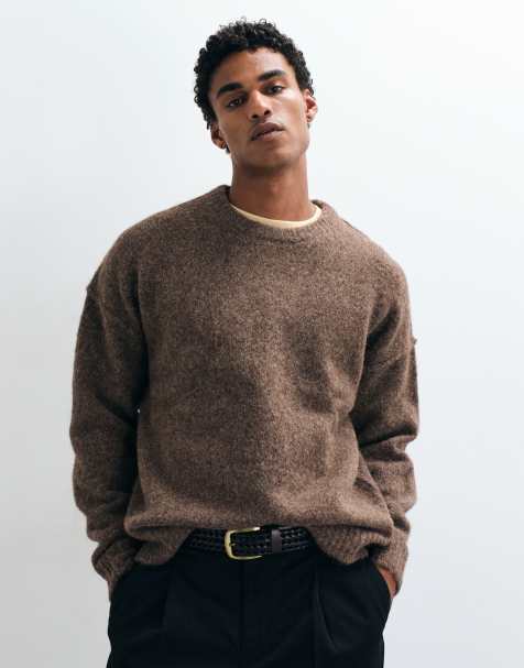 ASOS DESIGN relaxed knitted exposed seam crew neck jumper in brown - view 1